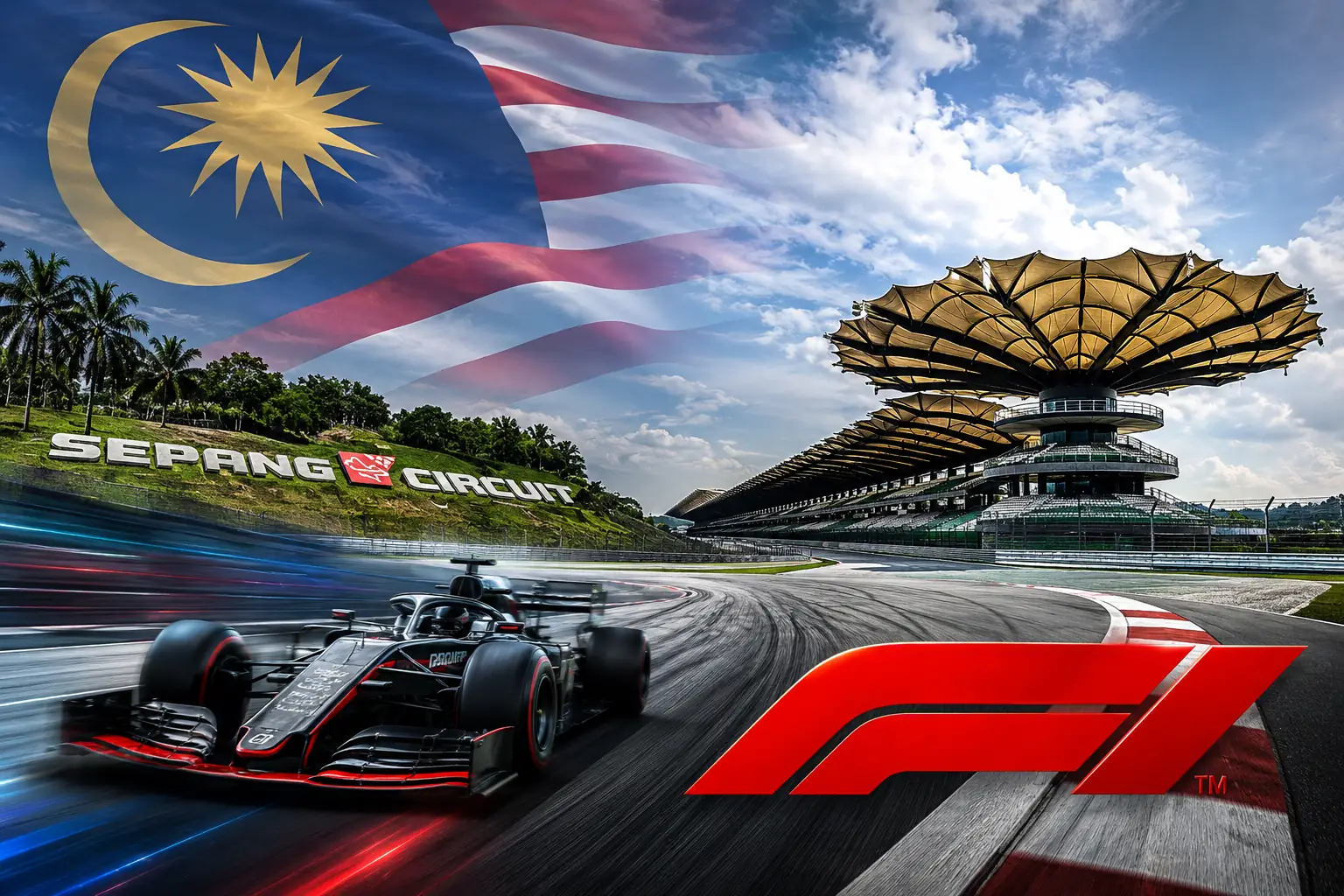 Formula 1 car at Sepang Circuit with the Malaysian flag, from LeVince’s event page